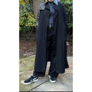 HOMMA Black Wool Trench Coat Leather Accents Avant Garde Design